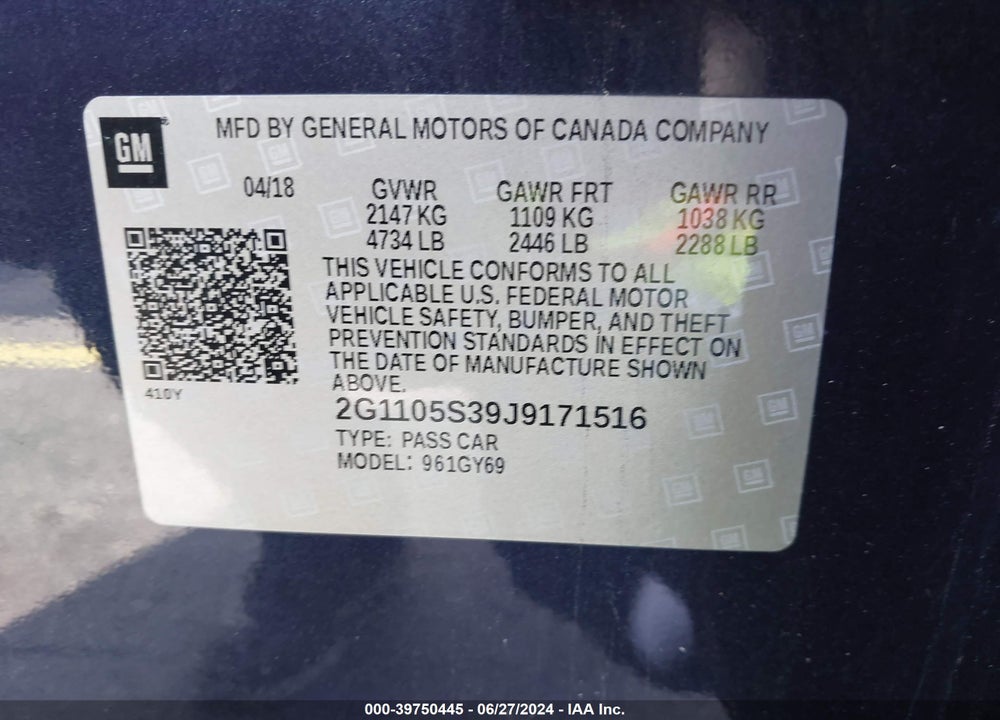 2018 CHEVROLET IMPALA 1LT VIN: 2G1105S39J9171516