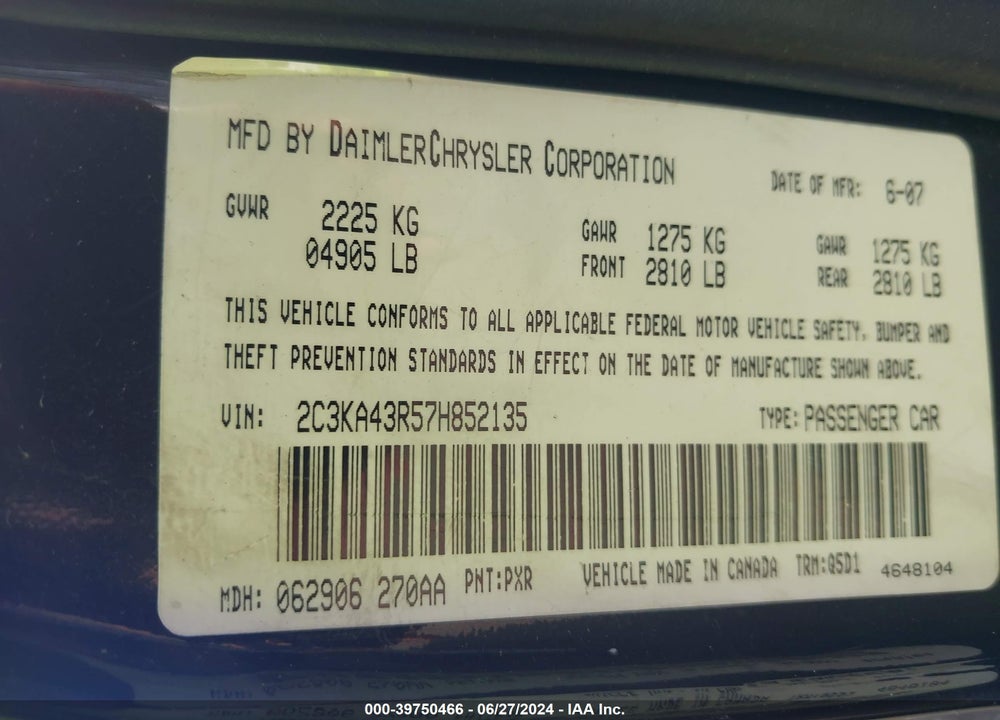 2007 CHRYSLER 300 VIN: 2C3KA43R57H852135