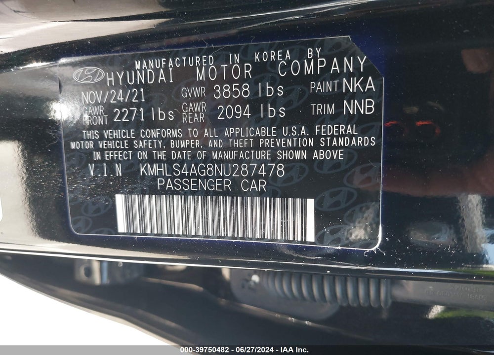 2022 HYUNDAI ELANTRA SEL VIN: KMHLS4AG8NU287478