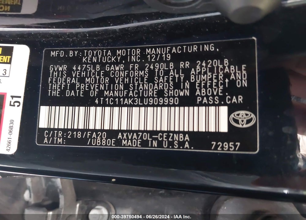 2020 TOYOTA CAMRY LE VIN: 4T1C11AK3LU909990
