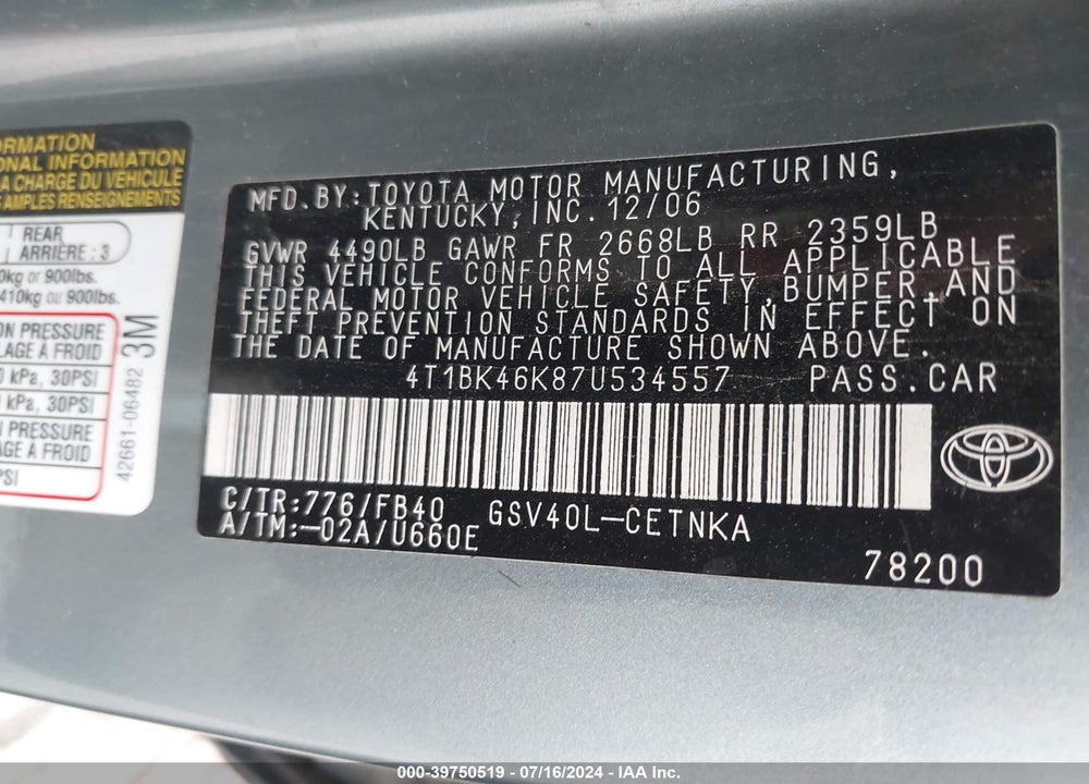 2007 TOYOTA CAMRY LE V6 VIN: 4T1BK46K87U534557