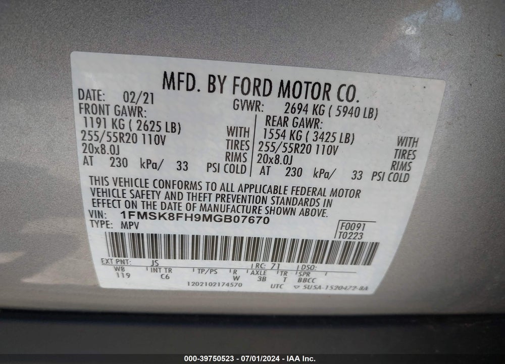 2021 FORD EXPLORER LIMITED VIN: 1FMSK8FH9MGB07670