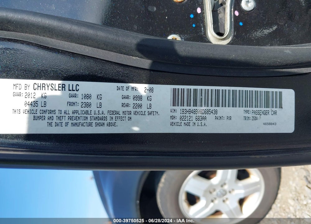 2008 DODGE CALIBER SXT VIN: 1B3HB48B08D685438