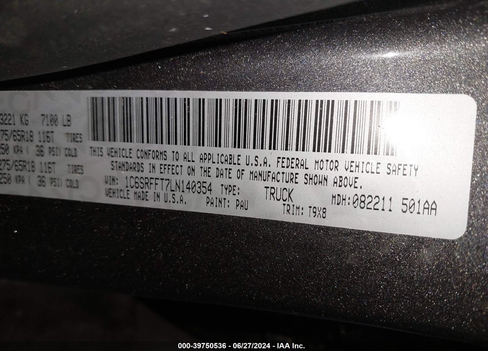 2020 RAM 1500 BIG HORN 4X4 5'7 BOX VIN: 1C6SRFFT7LN140354