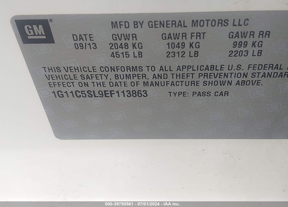 2014 CHEVROLET MALIBU 1LT VIN: 1G11C5SL9EF113863