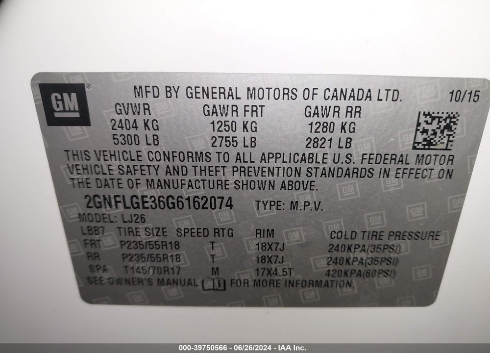 2016 CHEVROLET EQUINOX LTZ VIN: 2GNFLGE36G6162074