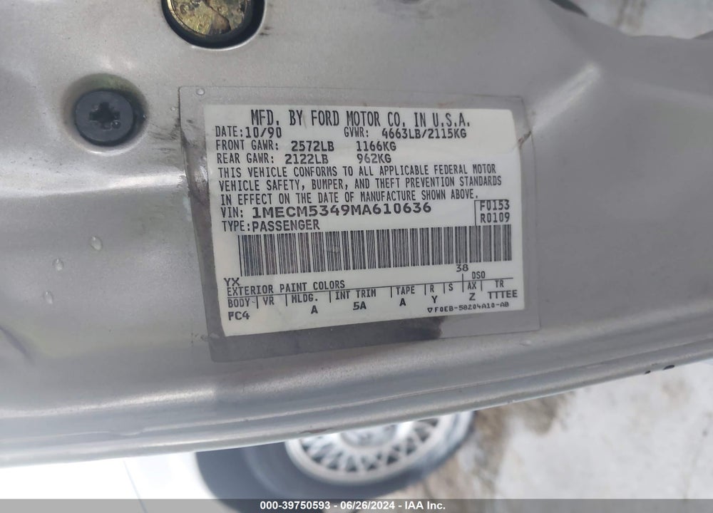 1991 MERCURY SABLE LS VIN: 1MECM5349MA610636