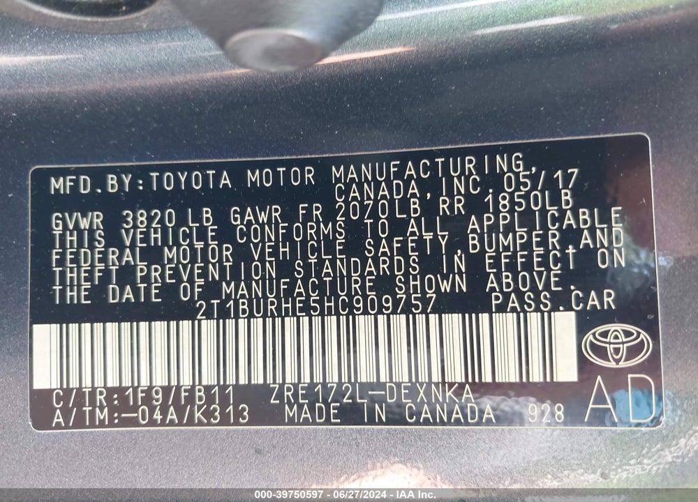 2017 TOYOTA COROLLA LE VIN: 2T1BURHE5HC909757