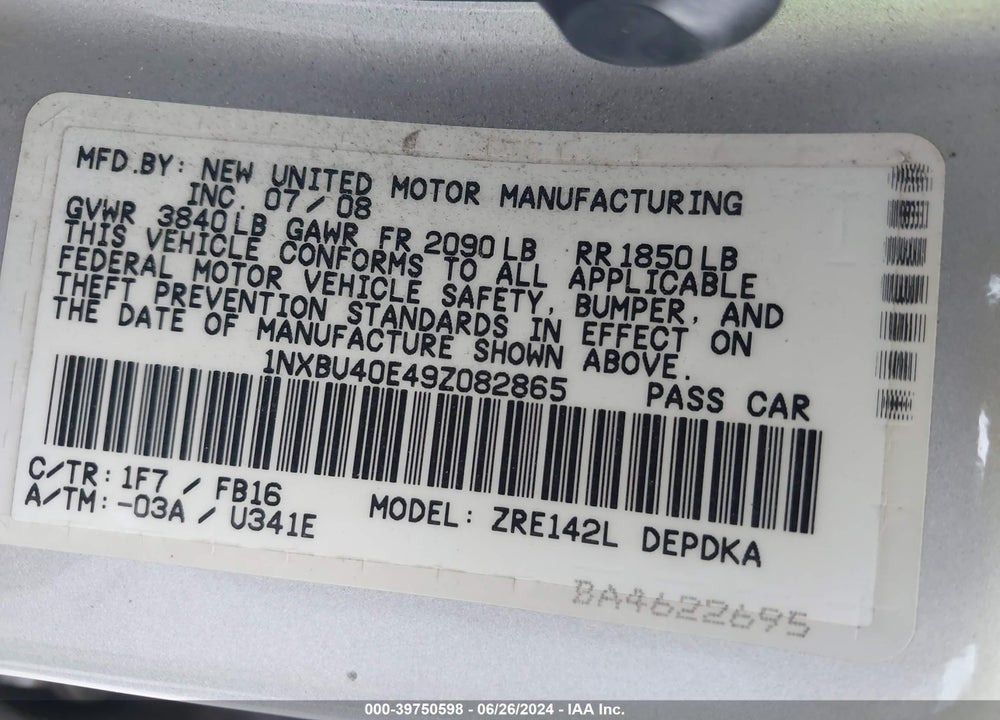2009 TOYOTA COROLLA LE VIN: 1NXBU40E49Z082865