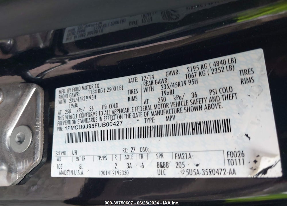 2015 FORD ESCAPE TITANIUM VIN: 1FMCU9J98FUB00427