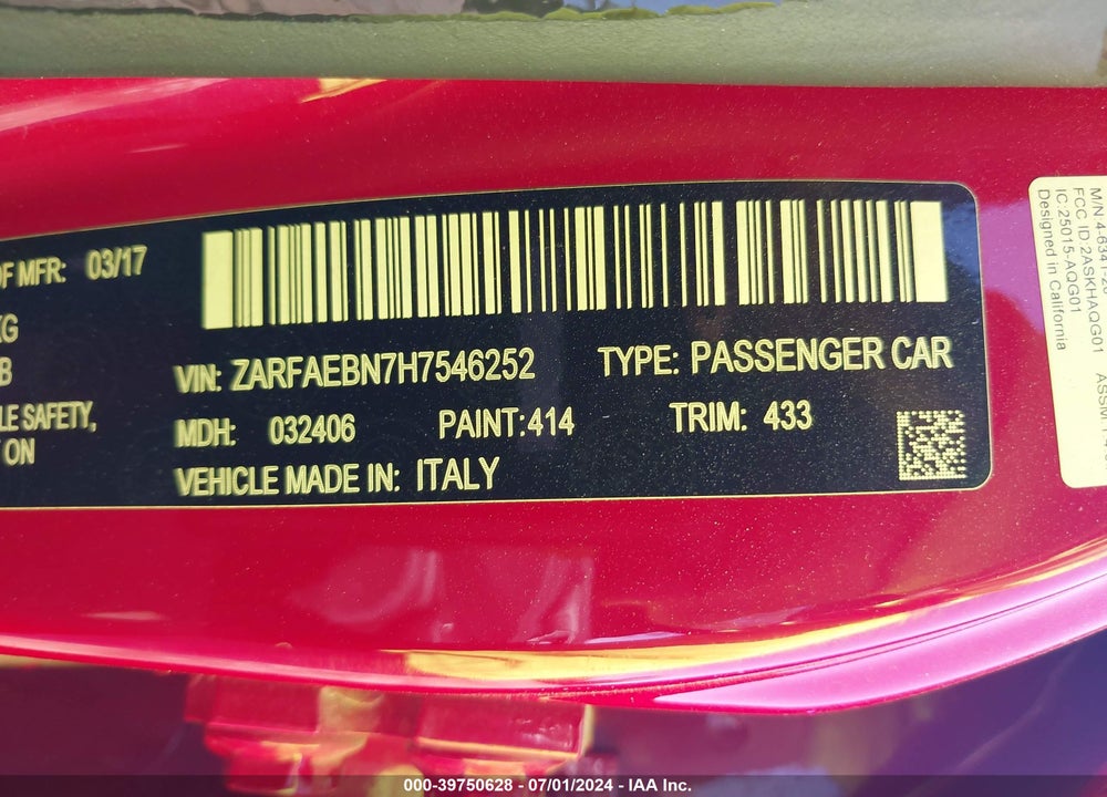 2017 ALFA ROMEO GIULIA RWD VIN: ZARFAEBN7H7546252