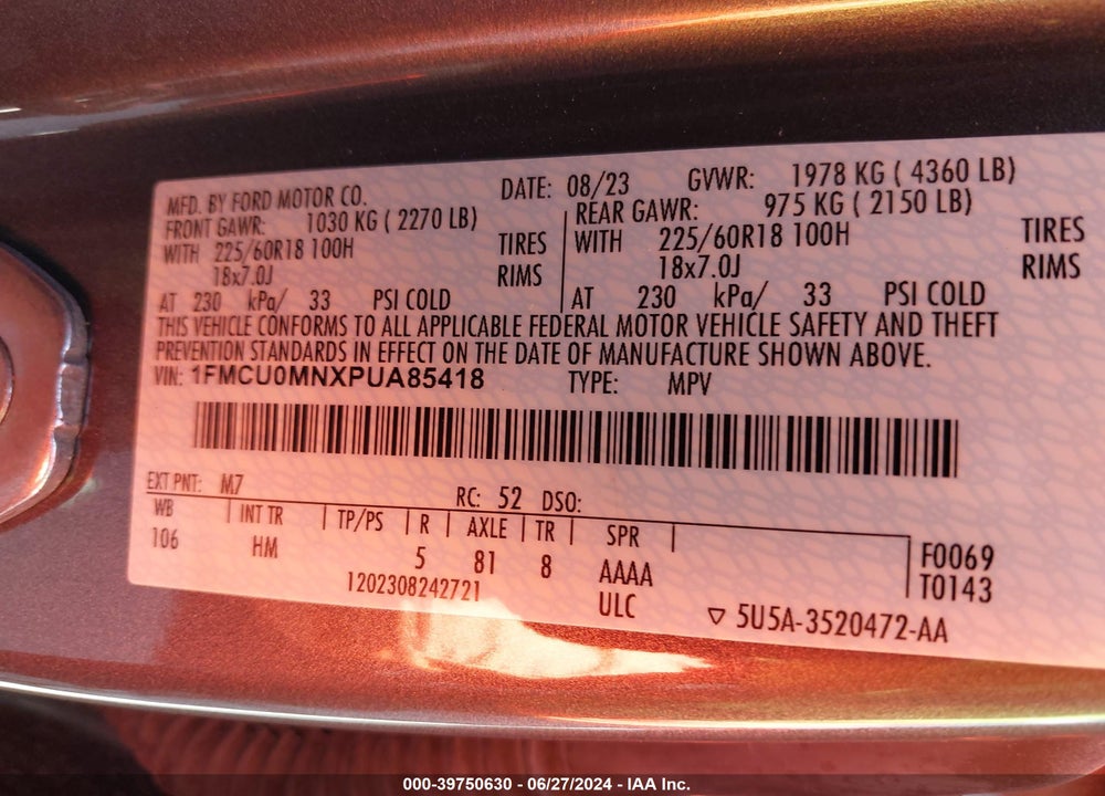 2023 FORD ESCAPE ST LINE VIN: 1FMCU0MNXPUA85418