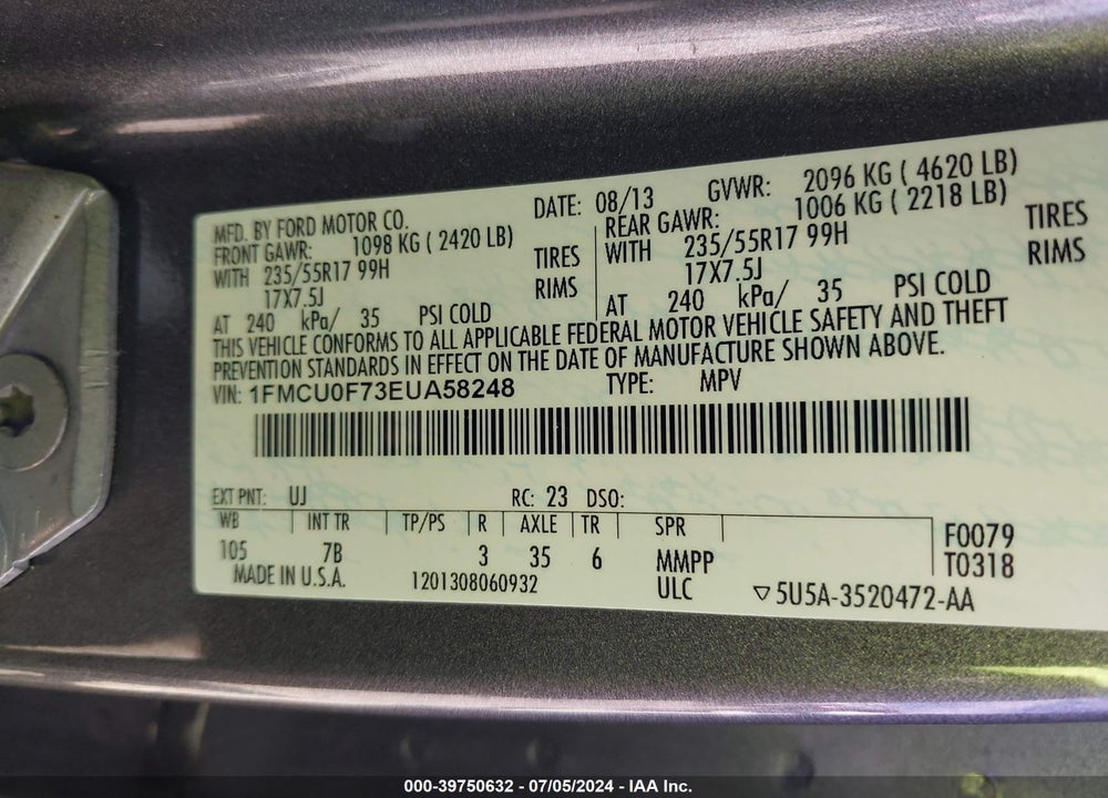 2014 FORD ESCAPE S VIN: 1FMCU0F73EUA58248