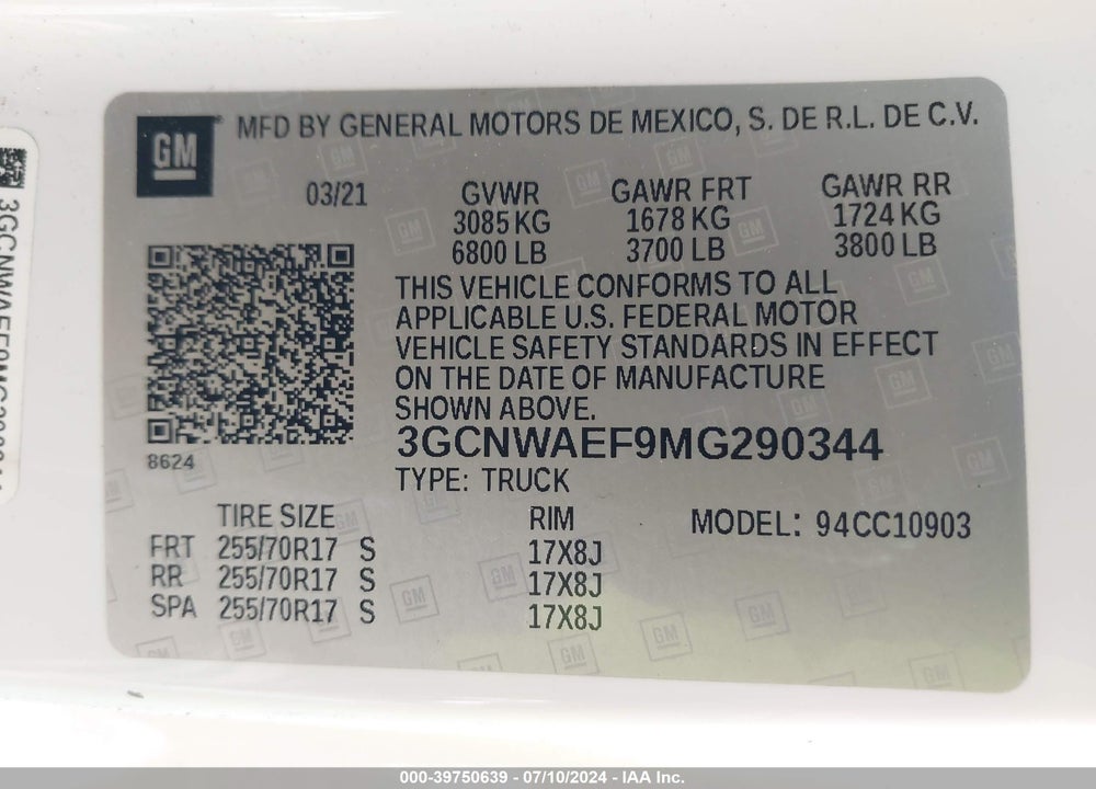 2021 CHEVROLET SILVERADO 1500 2WD REGULAR CAB LONG BED WT VIN: 3GCNWAEF9MG290344