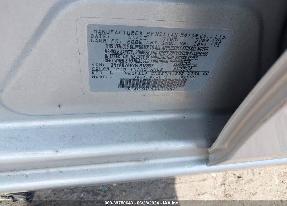 2014 NISSAN SENTRA SV VIN: 3N1AB7AP7EL612597