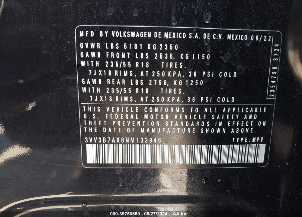 2022 VOLKSWAGEN TIGUAN 2.0T SE VIN: 3VV3B7AX8NM133946