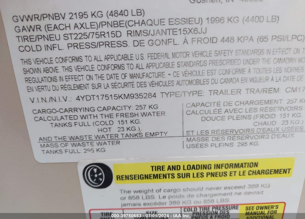 2019 COLEMAN LIGHT LX 1755FD VIN: 4YDT17515KM935284