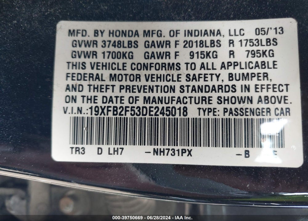2013 HONDA CIVIC LX VIN: 19XFB2F53DE245018