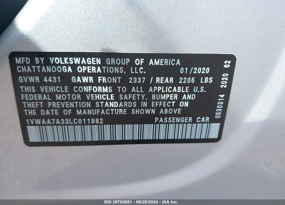 2020 VOLKSWAGEN PASSAT 2.0T S VIN: 1VWAA7A33LC011982