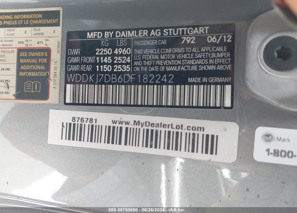 2013 MERCEDES-BENZ E 550 VIN: WDDKJ7DB6DF182242