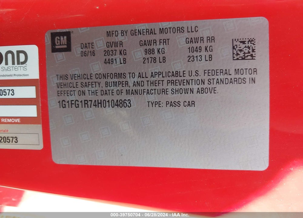 2017 CHEVROLET CAMARO VIN: 1G1FG1R74H0104863