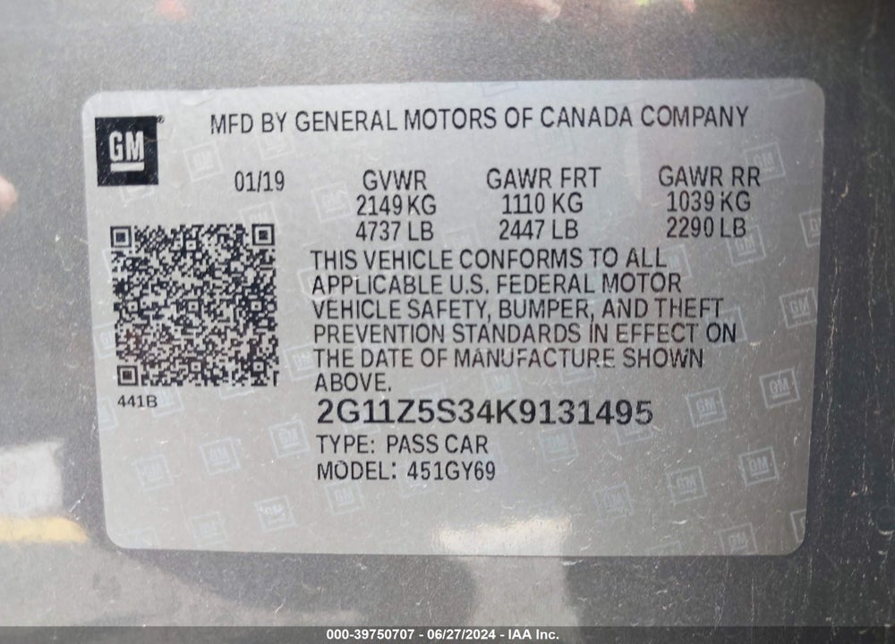 2019 CHEVROLET IMPALA LT VIN: 2G11Z5S34K9131495