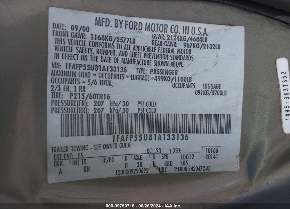 2001 FORD TAURUS SES VIN: 1FAFP55U81A133136