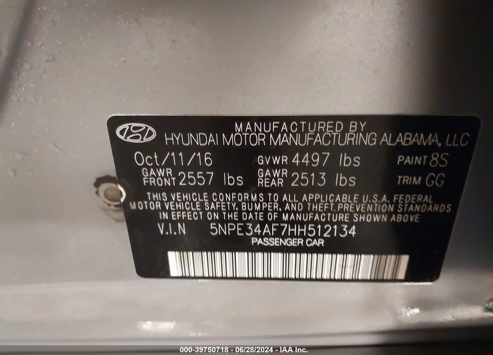 2017 HYUNDAI SONATA LIMITED VIN: 5NPE34AF7HH512134