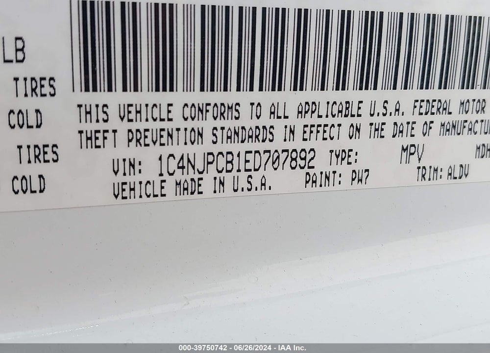 2014 JEEP PATRIOT LIMITED VIN: 1C4NJPCB1ED707892