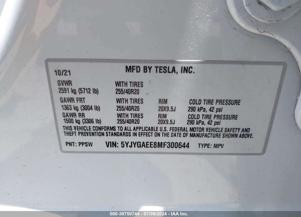 2021 TESLA MODEL Y LONG RANGE DUAL MOTOR ALL-WHEEL DRIVE VIN: 5YJYGAEE8MF300644