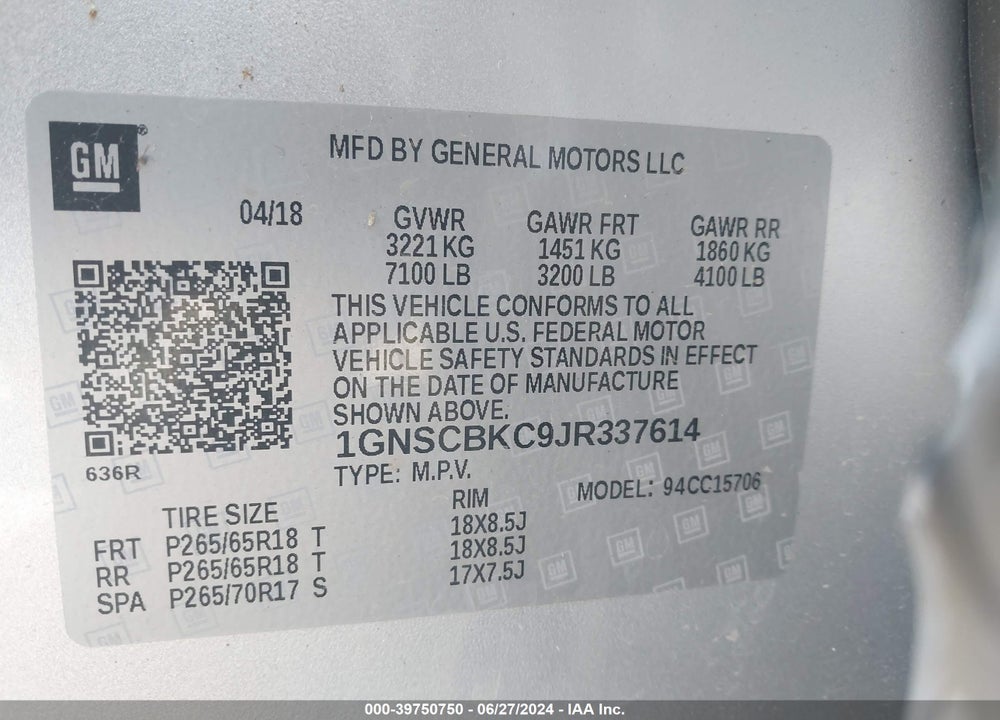 2018 CHEVROLET TAHOE LT VIN: 1GNSCBKC9JR337614