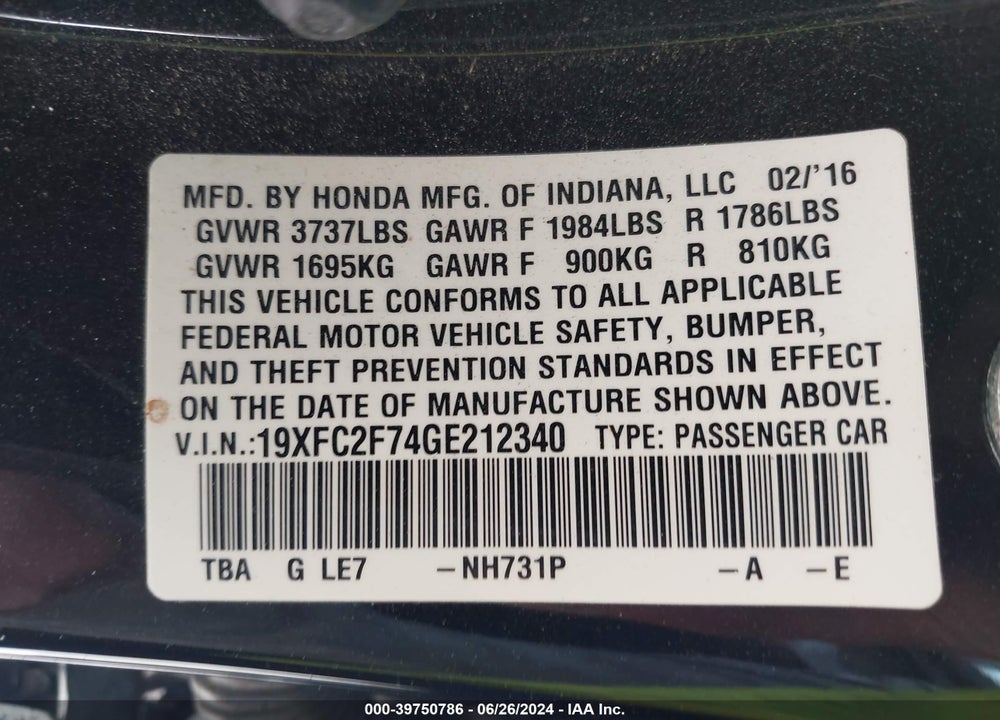 2016 HONDA CIVIC EX VIN: 19XFC2F74GE212340