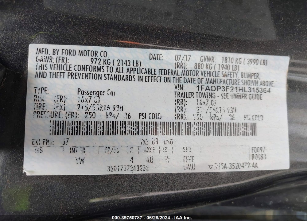 2017 FORD FOCUS SE VIN: 1FADP3F21HL315364