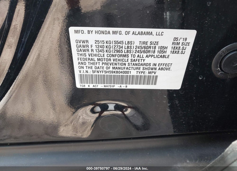 2019 HONDA PILOT EX-L VIN: 5FNYF5H59KB040001