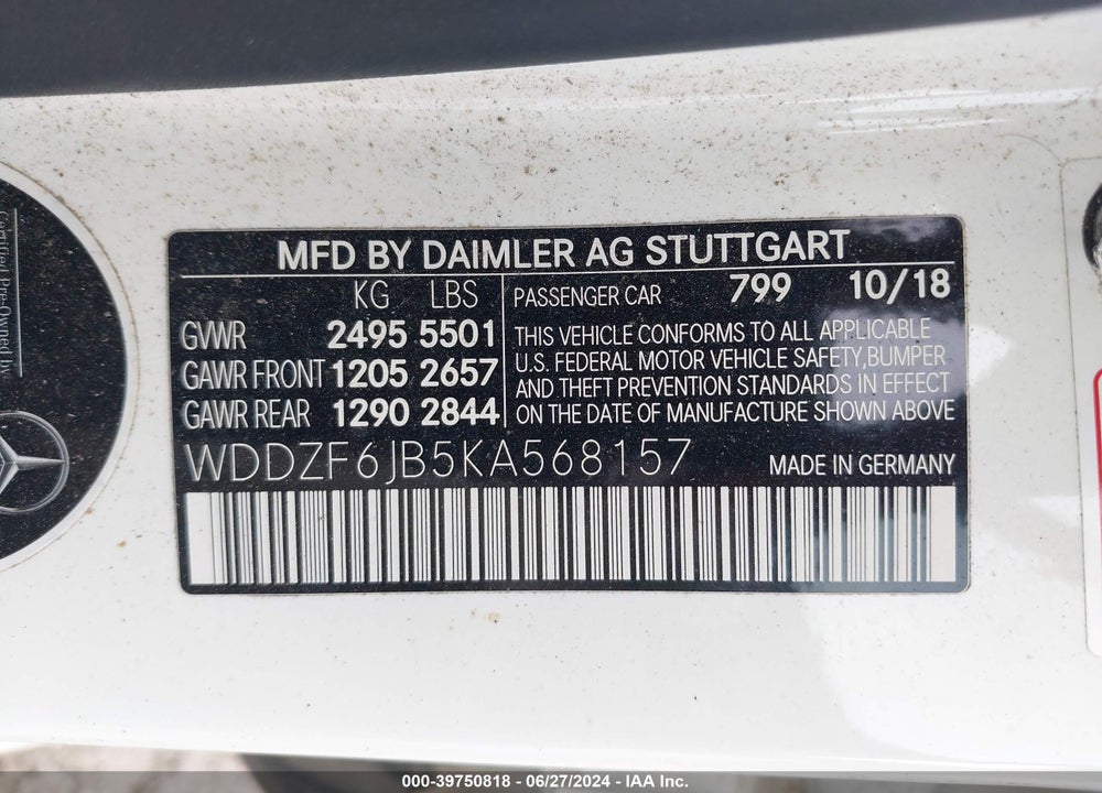 2019 MERCEDES-BENZ E 450 4MATIC VIN: WDDZF6JB5KA568157