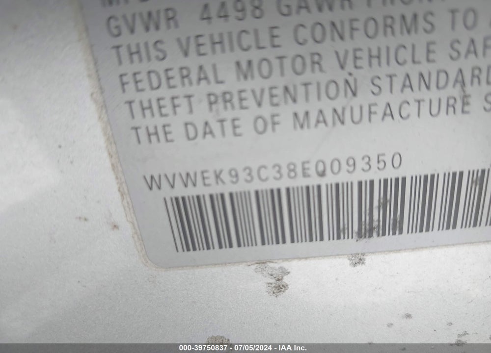 2008 VOLKSWAGEN PASSAT LUX VIN: WVWEK93C38E009350