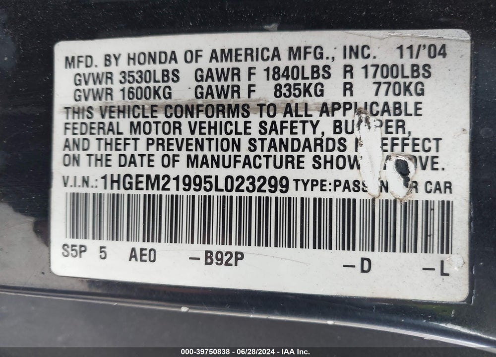 2005 HONDA CIVIC EX VIN: 1HGEM21995L023299
