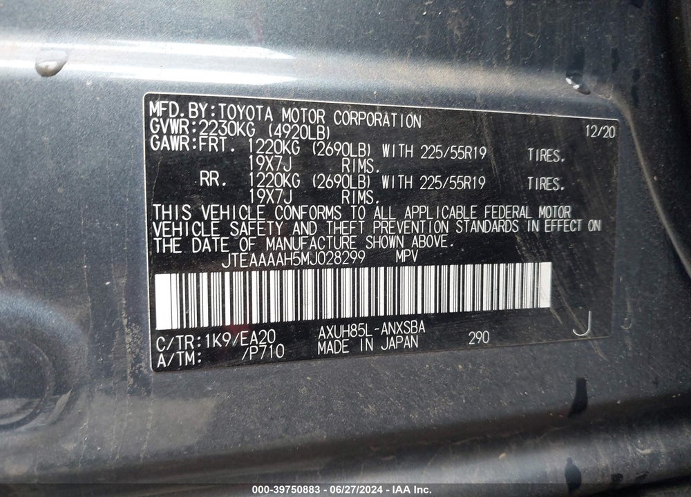 2021 TOYOTA VENZA LIMITED VIN: JTEAAAAH5MJ028299
