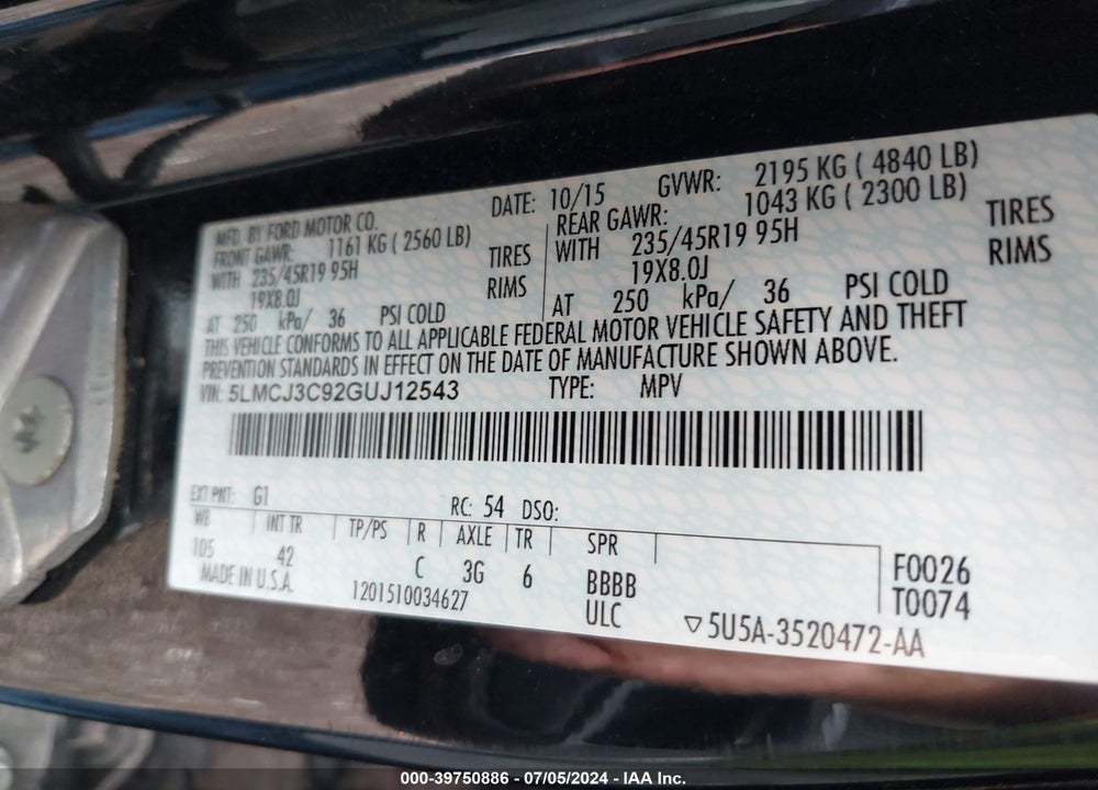 2016 LINCOLN MKC VIN: 5LMCJ3C92GUJ12543