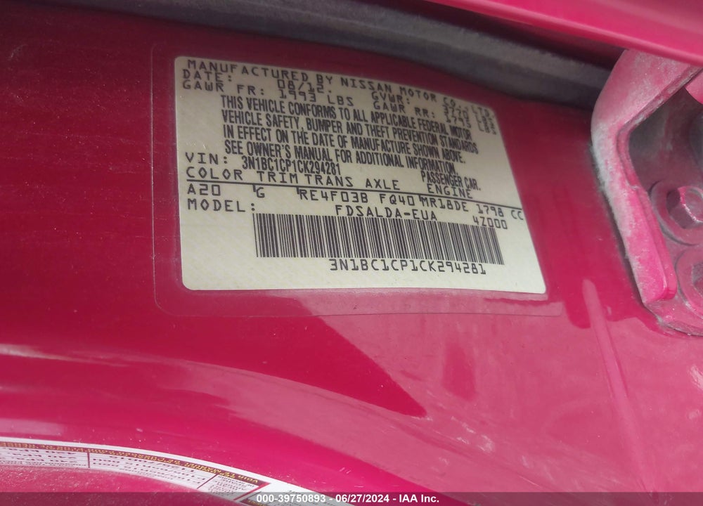 2012 NISSAN VERSA 1.8 S VIN: 3N1BC1CP1CK294281