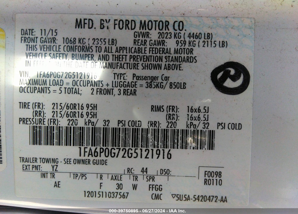 2016 FORD FUSION S VIN: 1FA6P0G72G5121916