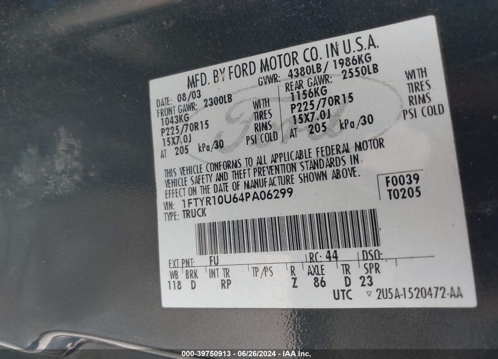 2004 FORD RANGER VIN: 1FTYR10U64PA06299