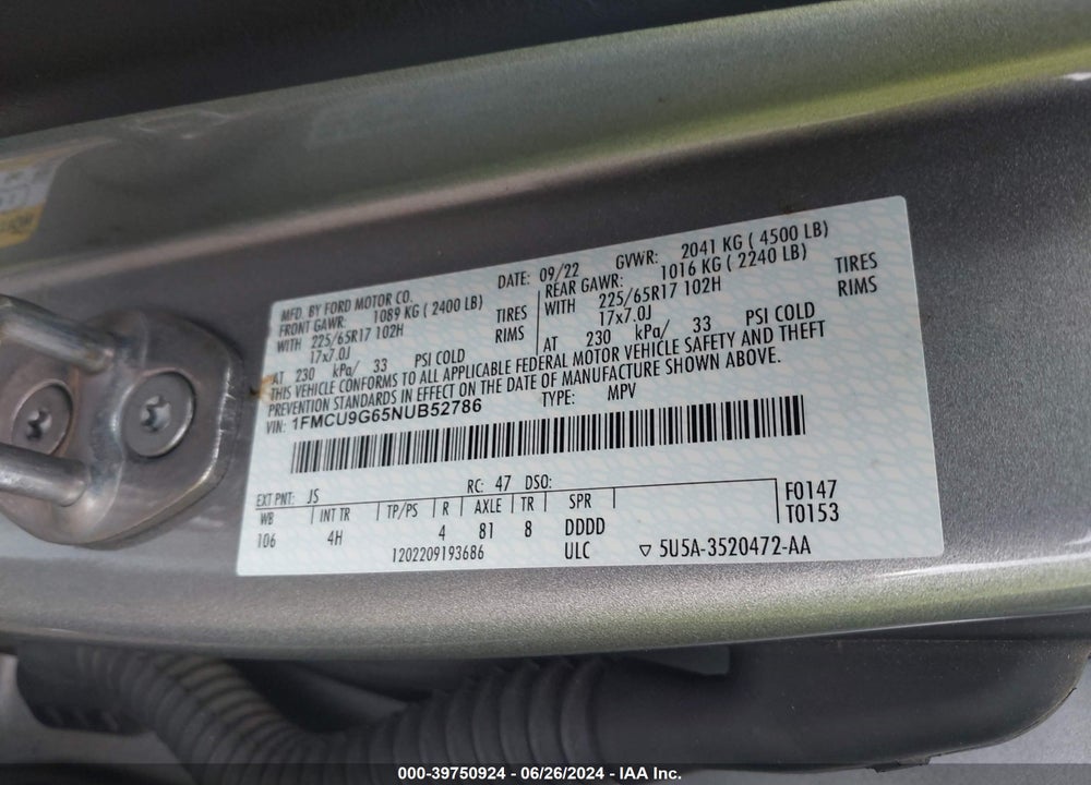 2022 FORD ESCAPE SE VIN: 1FMCU9G65NUB52786