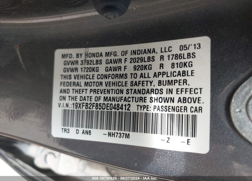 2013 HONDA CIVIC EX VIN: 19XFB2F85DE048412
