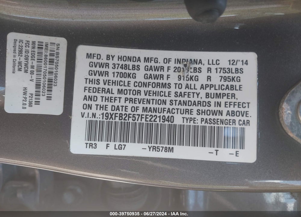2015 HONDA CIVIC LX VIN: 19XFB2F57FE221940