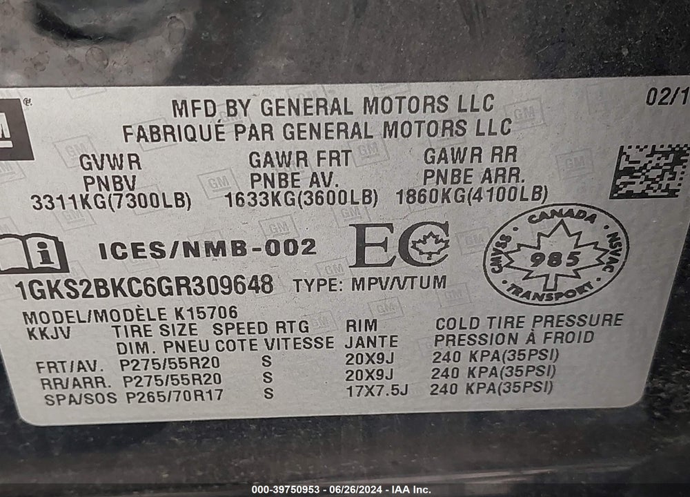2016 GMC YUKON SLT VIN: 1GKS2BKC6GR309648