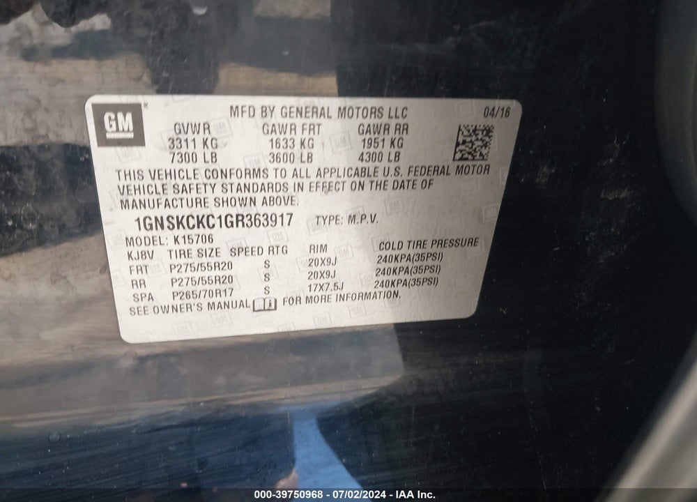2016 CHEVROLET TAHOE LTZ VIN: 1GNSKCKC1GR363917