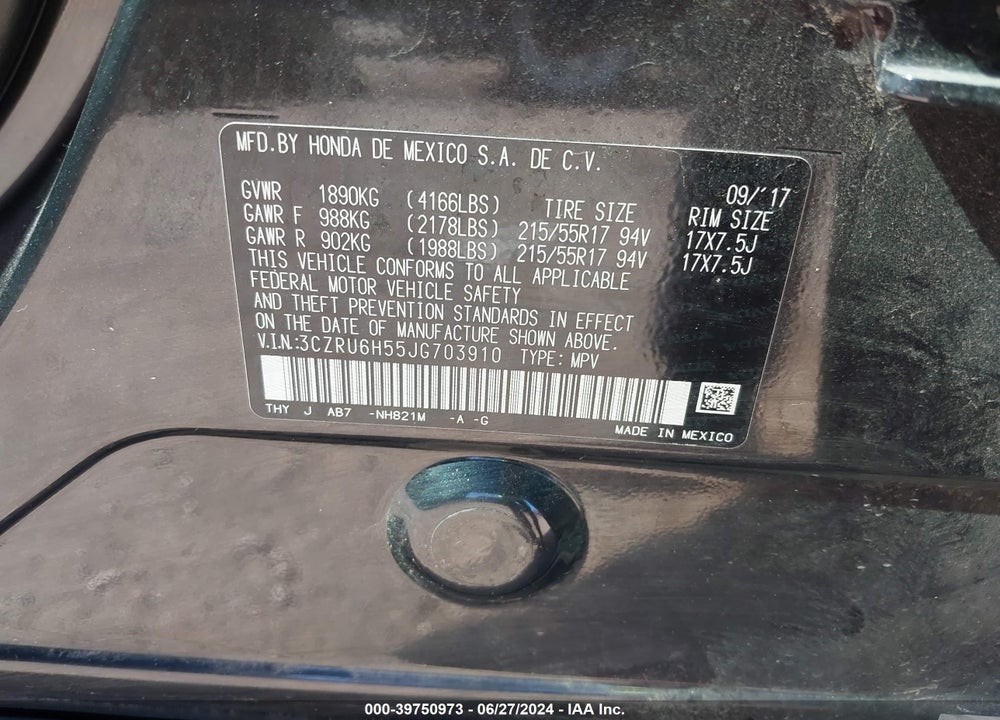 2018 HONDA HR-V EX VIN: 3CZRU6H55JG703910