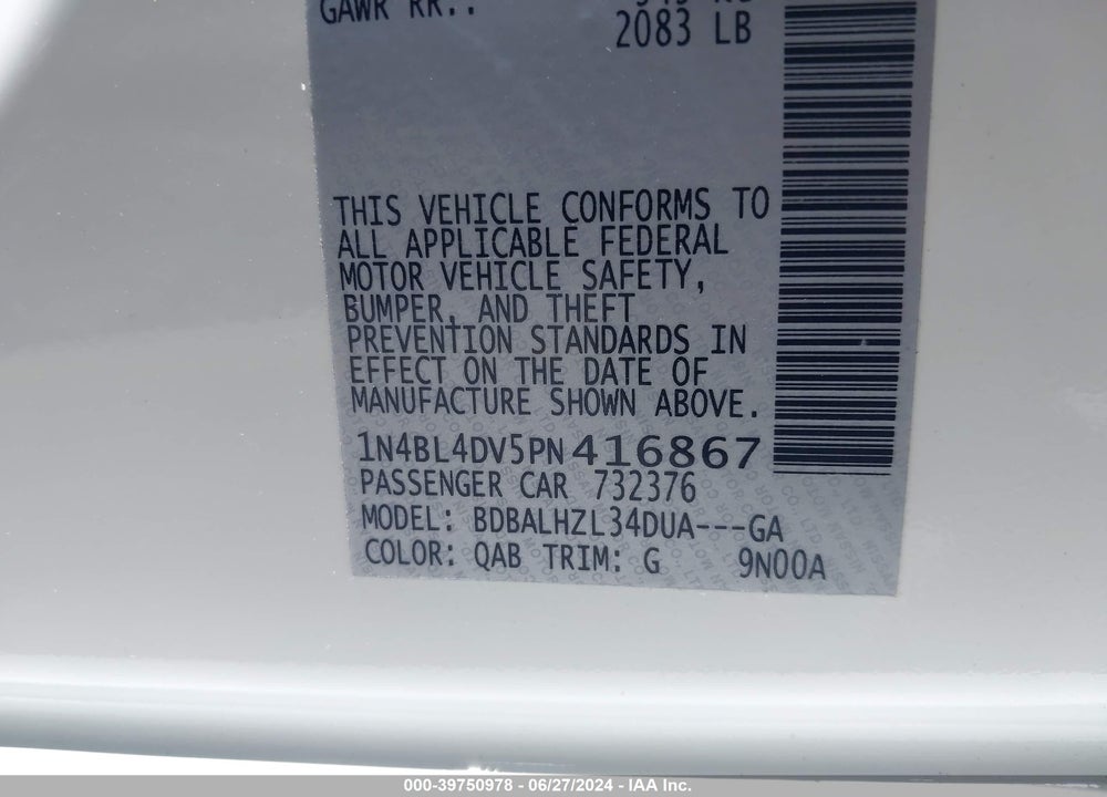 2023 NISSAN ALTIMA SV FWD VIN: 1N4BL4DV5PN416867