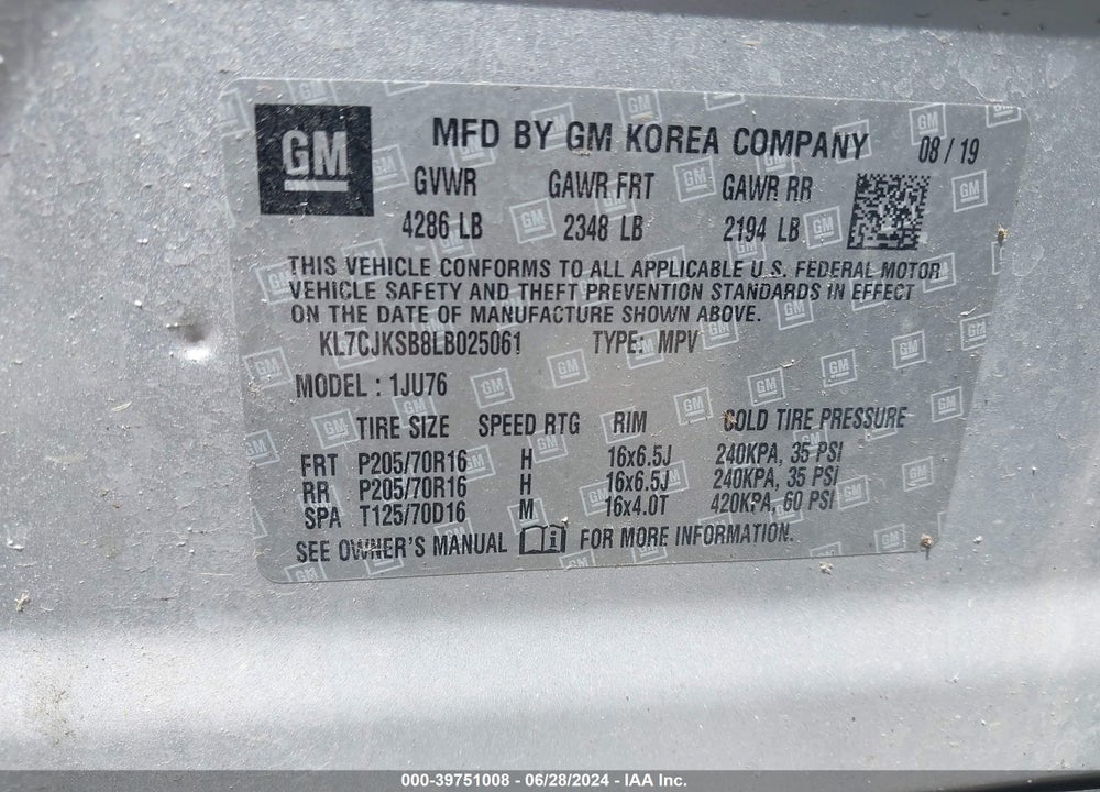 2020 CHEVROLET TRAX FWD LS VIN: KL7CJKSB8LB025061